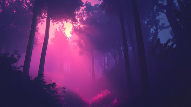 Capture a dreamlike scene with an eyelevel angle portraying a mystical forest illuminated by subtle light leaks. Sylvan. Illustration