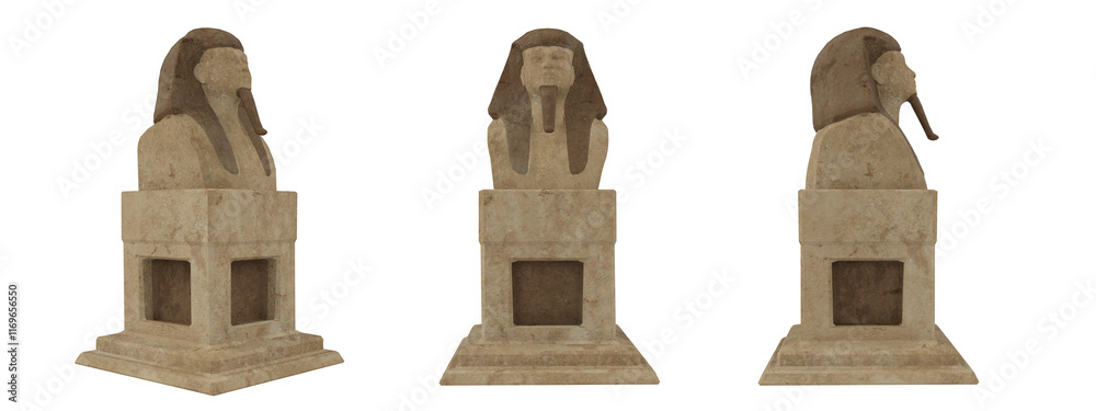 Poster Ancient Egyptian pharaoh statue carved from stone. Isolated 3D rendering of front, side and perspective views.