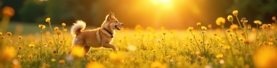 Golden fur gleams, wildflowers dance, sunny meadow frolic, play, happy, field