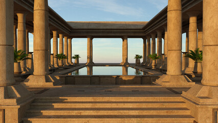 Ancient Egyptian pool garden atrium with stone columns. Blue sky is reflected in the water at sunset. 3D rendered illustration.