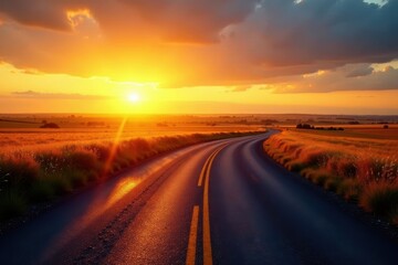 Fototapeta premium Golden sunrise illuminates a winding asphalt road through fields , peaceful, country road, landscape
