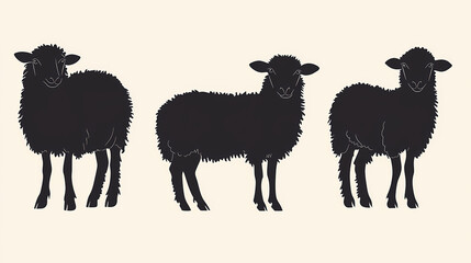 Four black sheep silhouettes in various poses, showcasing their unique features. Sylvan. Illustration