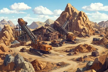 Fototapeta premium Heavy machinery operates within a mountainous quarry.
