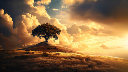 Lone Tree Under Dramatic Sky at Sunset