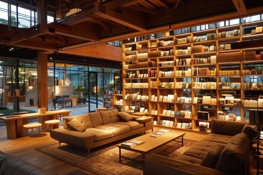 A large room with a lot of bookshelves and a big couch