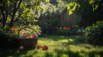 Easter decorations featuring painted eggs and wicker baskets in a lush green garden, illuminated by morning sunlight casting soft, long shadows for a serene festive scene.


