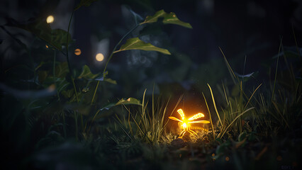 Magical Glowing Light in a Dark Forest Scene