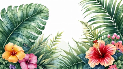 Naklejka premium Vibrant Watercolor Tropical Hibiscus Flowers and Lush Green Leaves Botanical Illustration