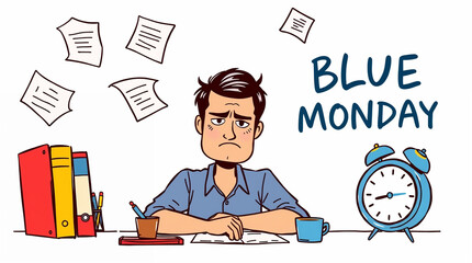 frustrated man at desk surrounded by papers and clock illustrating Blue Monday mood