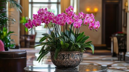 Elegant Pink Orchids in a Decorative Vase in a Luxurious Setting
