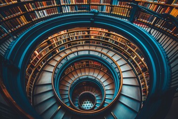A spiral staircase in a library with many books