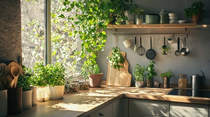Bright and Cozy Kitchen with Green Plants and Natural Light