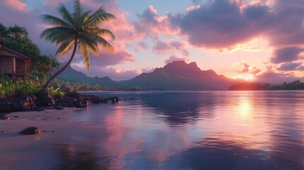 Tranquil sunset over tropical beach hut.