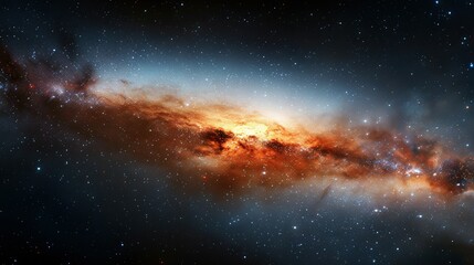   A photo featuring cosmic scenery adorned with stars, including a striking orange and blue celestial body at its core