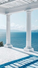 Serene Coastal View from White Pillared Terrace Overlooking Ocean