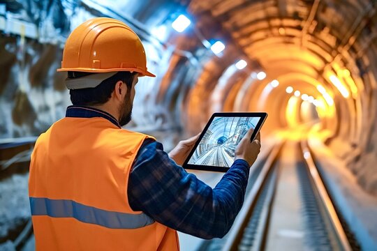 Engineer using digital tablet inspecting rail tunnel construction