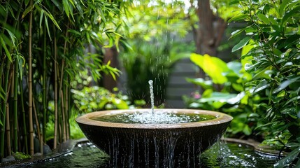 Tranquil Water Fountain Surrounded by Lush Greenery in Garden