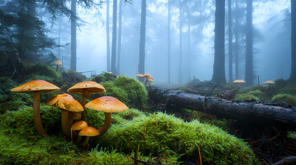 Fototapeta na wymiar A captivating image of forest fungi in a foggy, dense woodland, with mushrooms sprouting from fallen branches and soft green moss covering the forest floor. Sylvan. Illustration