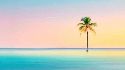 Obraz premium A stunning painting of a palm tree on a vast water expanse under a vibrant sunset