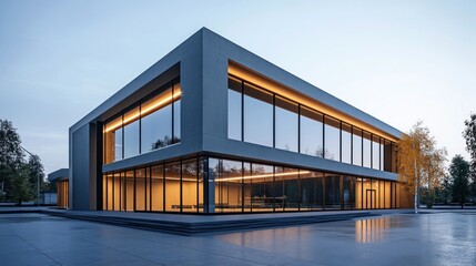 Fototapeta premium Modern glass office building at dusk.