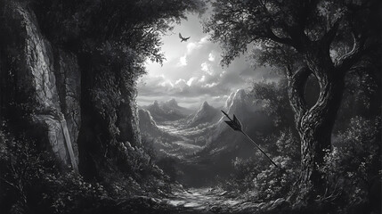 A monochrome image of a sylvan landscape with an arrow in its center, positioned on the left side. Sylvan. Illustration