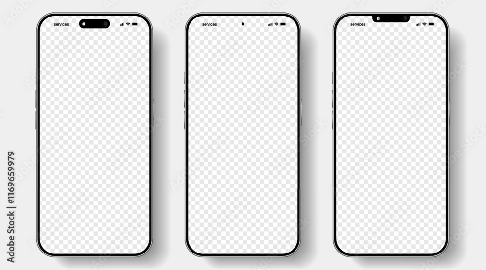 Poster Realistic smartphone mockup. Mobile phone vector with isolated on white background. Device front view. 3D mobile phone with shadow. Realistic, high quality smart phone mockup for ui ux presentation.