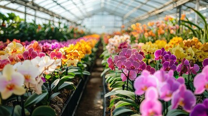 Vibrant Orchid Greenhouse with Colorful Flowers in Blooming Display