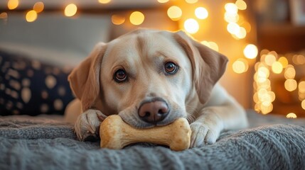 Dog chewing on a bone, content and focused, cozy living room with soft lighting, playful and relaxed vibe