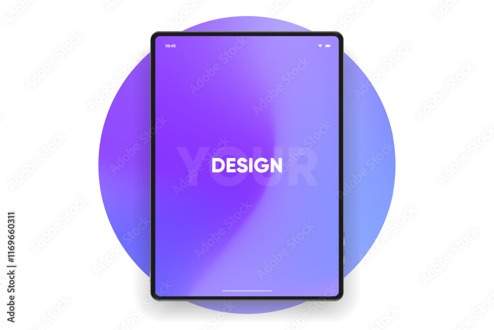 Poster 3D Tablet frame less blank screen. Empty screen device tablet mockup element. Can be used for mobile app, UI UX, business presentations. High quality EPS10 ultra realistic tablet with editable screen