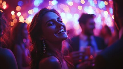 Festive holiday party, guests laughing and dancing, vibrant lights and decorations, joyful and celebratory atmosphere