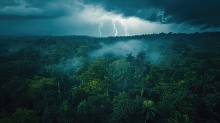 Obraz premium Powerful Thunderstorm Over Lush Green Jungle Landscape at Twilight