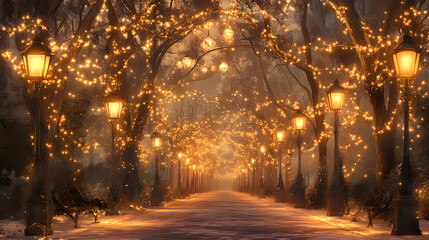 An enchanting winter park features an elegantly lit pathway lined with vintage lamps, creating a dreamlike ambiance and inviting a peaceful evening stroll. Sylvan. Illustration