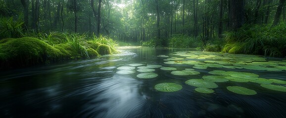 Obraz premium Serene forest stream with lily pads and moss.