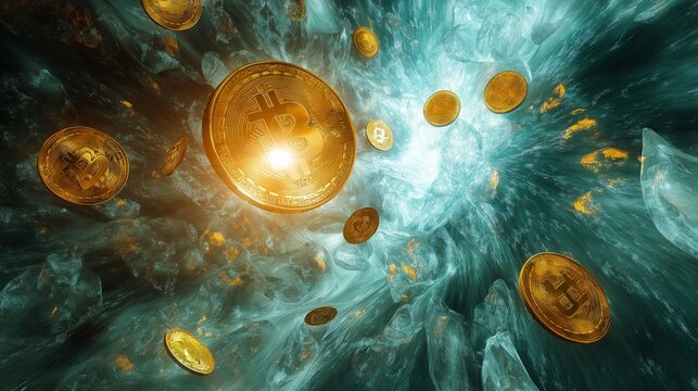 Cryptocurrency Investments: Shards of digital currencies floating in a nebula-like expanse, capturing the volatility and excitement of cryptocurrency markets