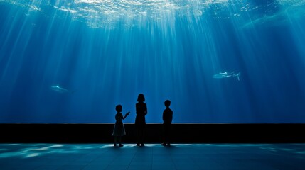 Fototapeta premium Children Exploring the Underwater World with Rays of Light in an Aquarium, Silhouetted Against a Stunning Blue Background with Swimming Fish