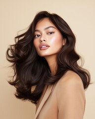 Fototapeta premium Asian woman with long, wavy hair in a dark brown color