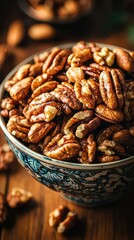 Obraz premium Close-Up of Freshly Roasted Pecans in Colorful Ceramic Bowl