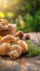 Freshly Harvested Mushrooms on Rustic Wooden Table with Herbs