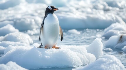 Obraz premium Penguin standing on ice, cold and serene Arctic landscape, bright sunlight reflecting off snow, sense of resilience in nature