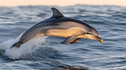 Fototapeta premium A playful dolphin leaping above the ocean, with a vibrant sunset as the background, during a peaceful evening