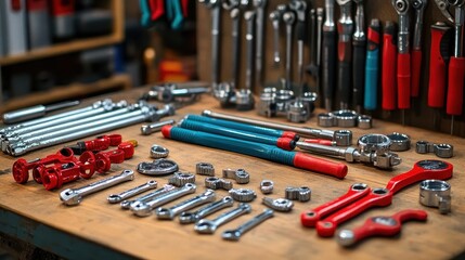 Fototapeta premium Plumbing tools on a workbench, pipes and wrenches laid out, organized and ready for a repair project, functional and focused