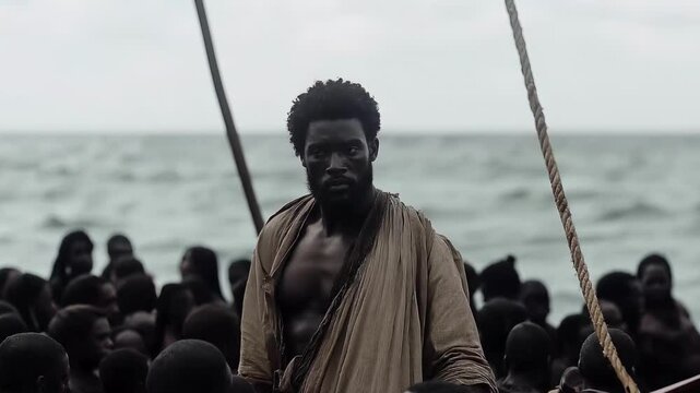 This compelling representation illustrates the harrowing journey of African slaves transported on ships to North America. It highlights their struggle and resilience during a dark period in history