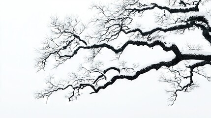 Obraz premium A black-and-white image of a snowboarder soaring through the air on a snow-covered tree branch, against a backdrop of crisp white sky