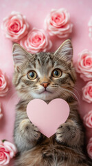 Close-up of smiling gray kitten holding a pink heart-shaped paper card surrounded by pink roses on pink background, Valentine's Day
