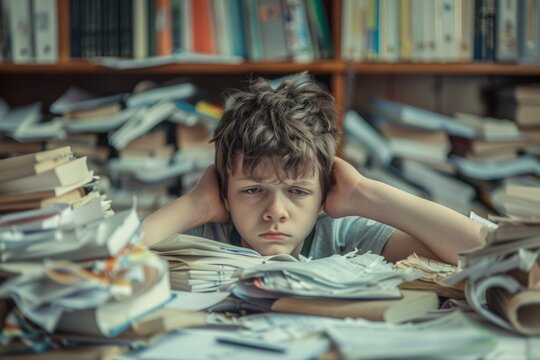 A boy is sitting on a desk with a pile of books and papers