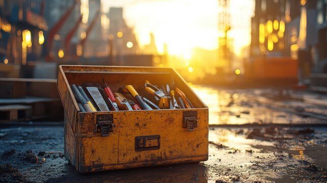 Toolbox on the ground, lid open with various tools visible, construction site in the background, bright sunlight illuminating the scene