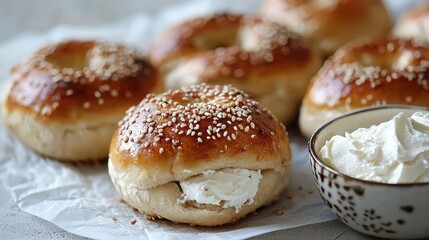 Freshly Baked Bagels with Cream Cheese and Sesame Topping