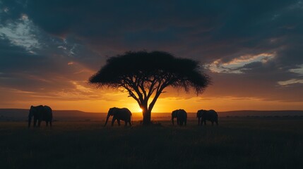 A group of elephants stand peacefully beneath a large tree as the sun sets, casting warm hues across the African savanna creating a tranquil atmosphere