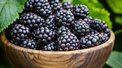 Fresh Harvest of Blackberries in Wooden Bowl