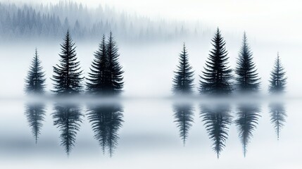   Black & white photo captures a misty forest featuring tree-filled foreground, reflecting body of water in focal point